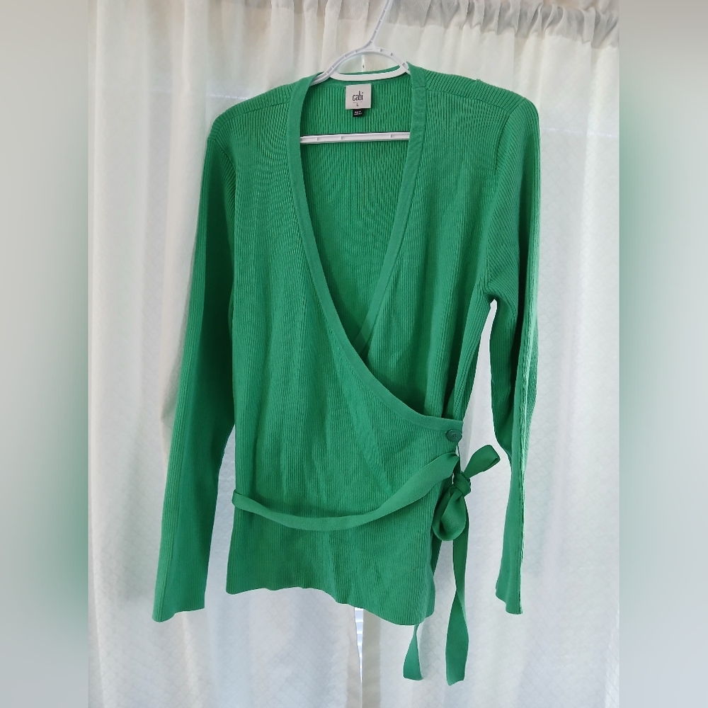 CAbi Vibrant Green Ribbed Wrap Belted Top